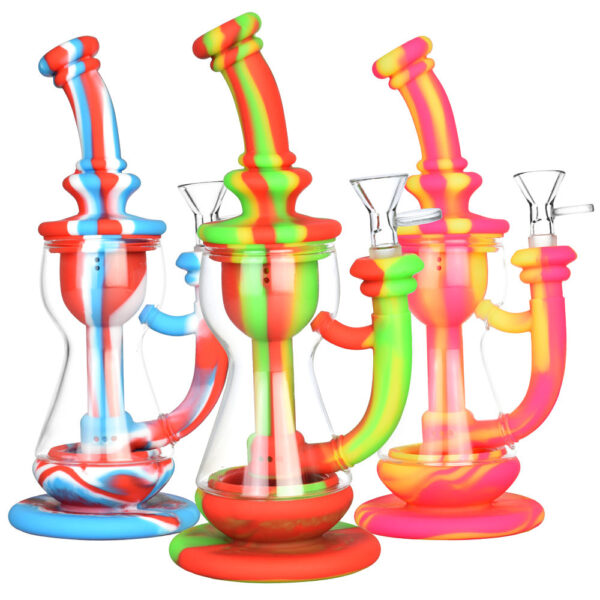 Silicone/Glass Recycler Water Pipe – 9.5″/14mm F/Colors Vary