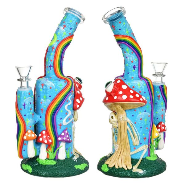 Wide Eyed Shroom And Smoking Skeleton Glow In Dark Water Pipe – 9.5″ / 14mm F