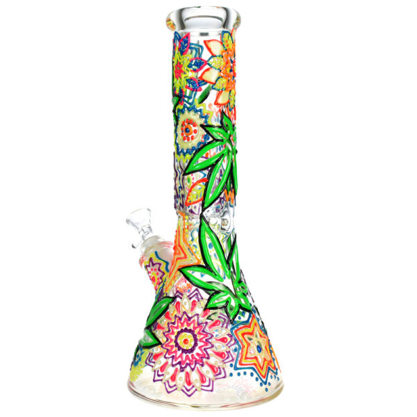 Mandala Hemp Leaf Beaker Water Pipe – 12.75″/14mm F - Image 2