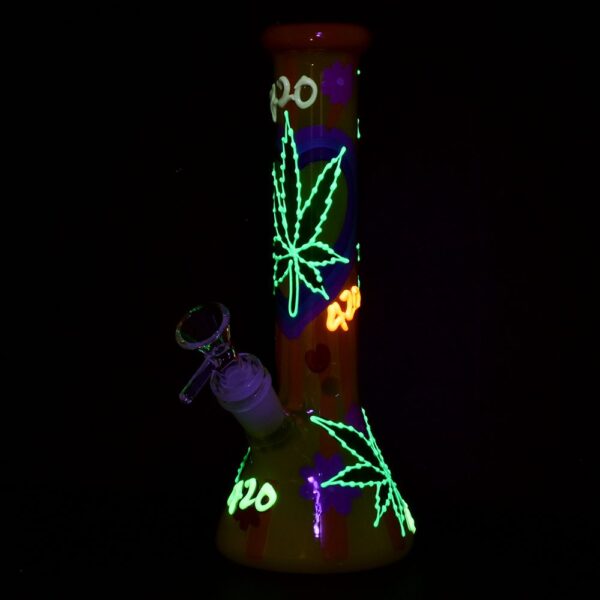 420 Hemp Leaf Glow In The Dark Beaker Glass Water Pipe – 9.25″ / 14mm F - Image 4