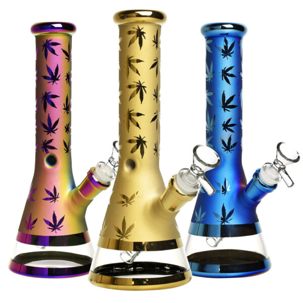 Metallic Hemp Leaf Water Pipe – 10″ / 14mm F / Colors Vary