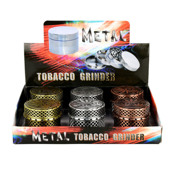 6PC DISP-Hemp Leaf Trio Solid Metal Grinder- 4pc/2″/Assorted