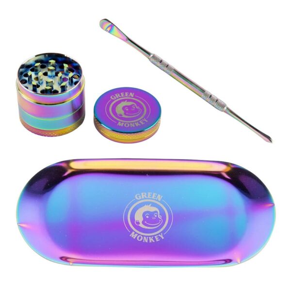Green Monkey Rainbow Finish Rolling Tray & Grinder Kit