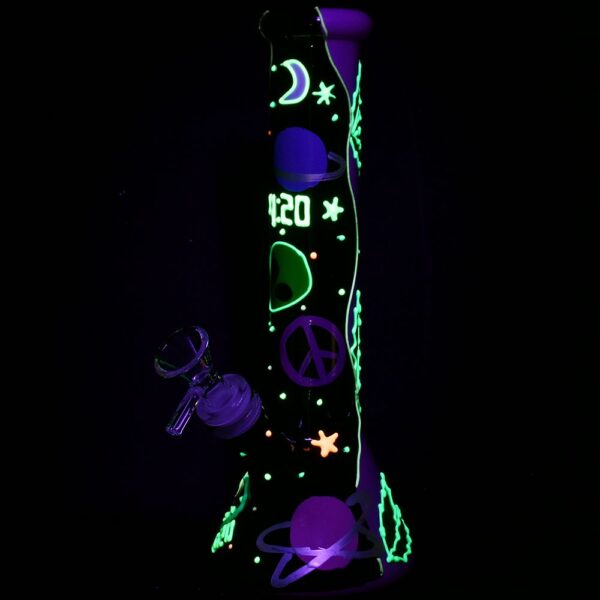 420 Beam Me Up Beaker Glow In The Dark Glass Water Pipe – 9.5″ / 14mm F - Image 3