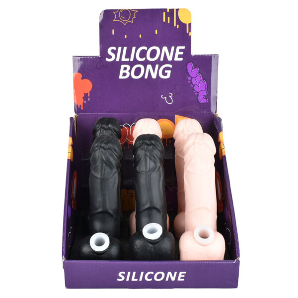 6PC DISPLAY – Ding-a-Ling Silicone Water Pipe – 6.75″ / 14mm F / Tan and Black - Image 2