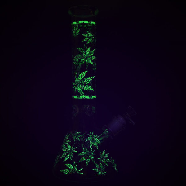 Hemp Leaves Glow in the Dark Water Pipe – 14″ / 14mm F - Image 2