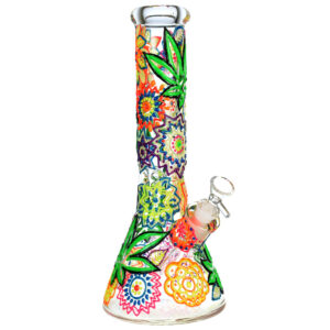 Mandala Hemp Leaf Beaker Water Pipe – 12.75″/14mm F