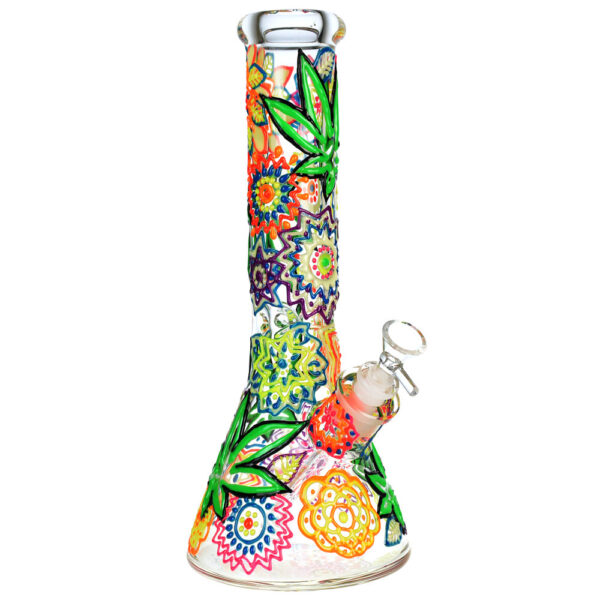 Mandala Hemp Leaf Beaker Water Pipe – 12.75″/14mm F