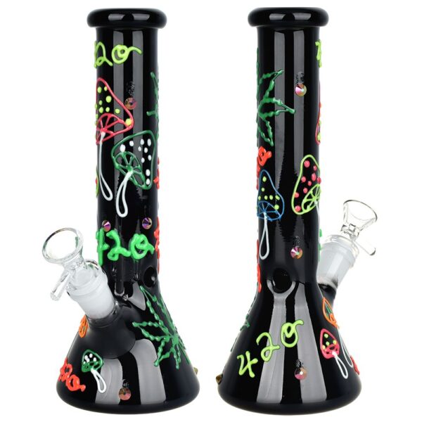 420 Leaf and Shroom Glow In Dark Glass Beaker Water Pipe – 9.5″ / 14mm F