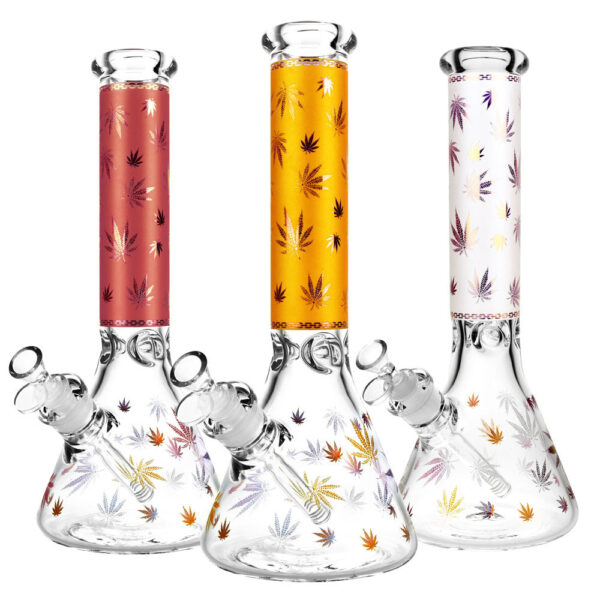 Foil Hemp Leaf Print Water Pipe- 14″ / 14mm F / Colors Vary