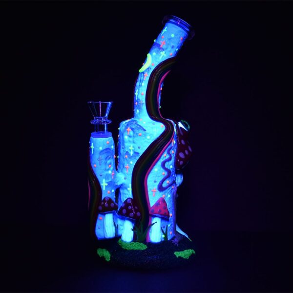 Wide Eyed Shroom And Smoking Skeleton Glow In Dark Water Pipe – 9.5″ / 14mm F - Image 2