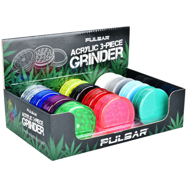 Pulsar Acrylic Grinder – 3pc / 2.25″ / Assorted Colors 12PC DISPLAY