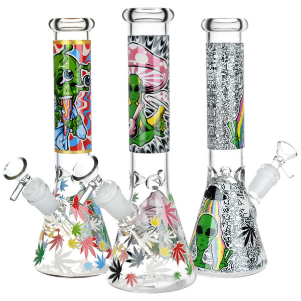 Aliens And Hemp Leaves Glow Glass Beaker Water Pipe-10″ / 14mm F / Designs Vary