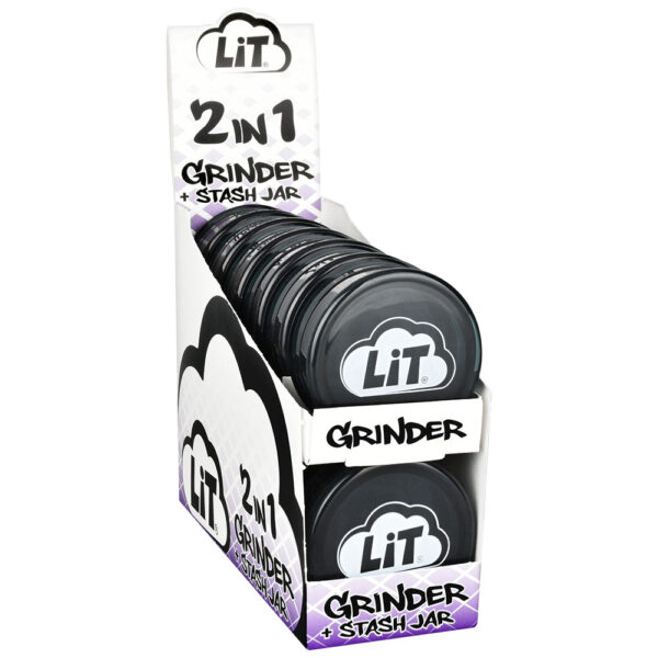 LiT 2-In-1 Acrylic Grinder & Stash Jar – 2.25″ / Black 12PC DISPLAY –