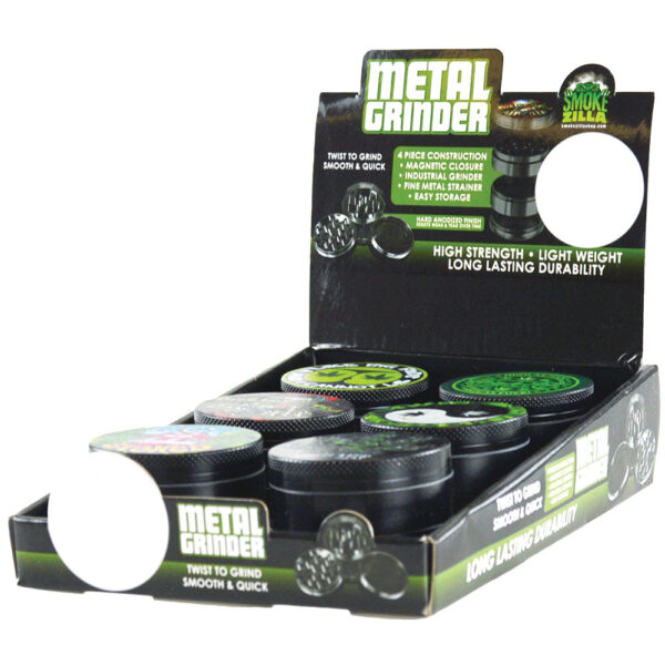 Smokezilla Graphic Metal Grinder – 4pc/2″/Asst – 6PC DISPLAY