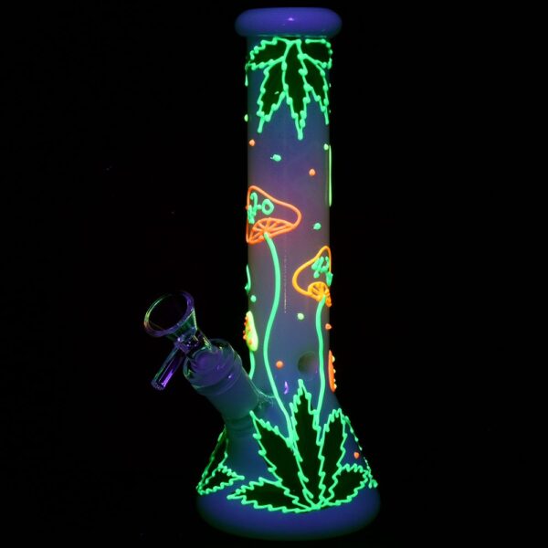 420 Hemp Leaf and Shrooms Glow In The Dark Glass Water Pipe – 9.5″ / 14mm F - Image 2