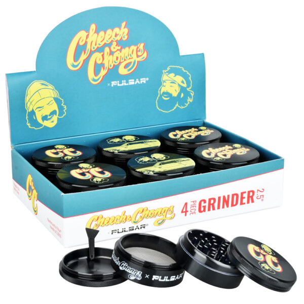 6PC DISPLAY – Cheech & Chong’s x Pulsar Metal Grinder – Black / 4pc / 2.5″ - Image 2