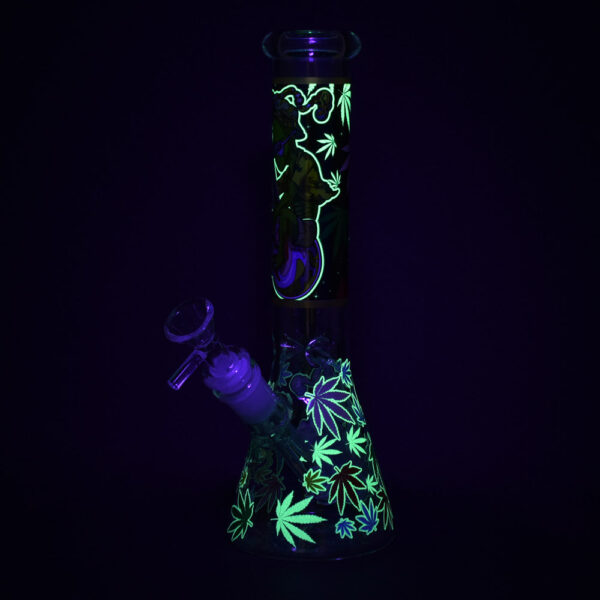 Aliens And Hemp Leaves Glow Glass Beaker Water Pipe-10″ / 14mm F / Designs Vary - Image 3