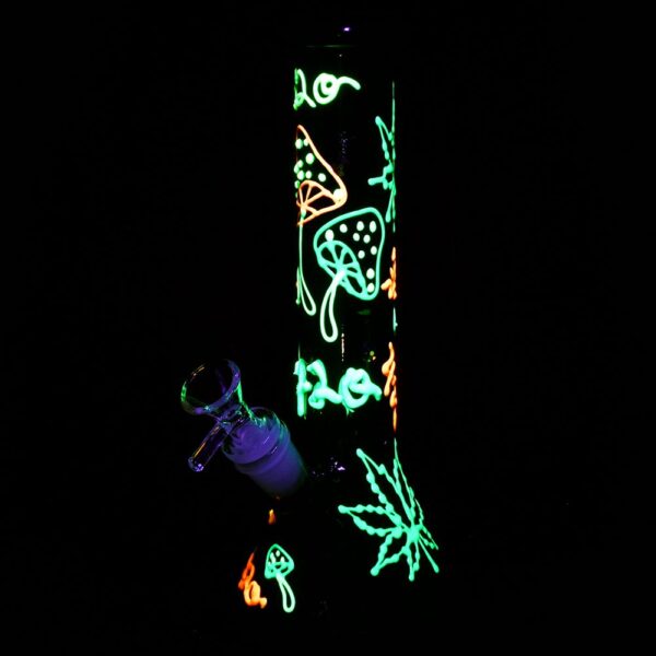 420 Leaf and Shroom Glow In Dark Glass Beaker Water Pipe – 9.5″ / 14mm F - Image 2